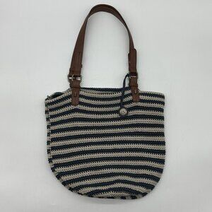 The Sak Silverwood Blue & White Stripe Crochet Shopper Tote Shoulder Bag Purse
